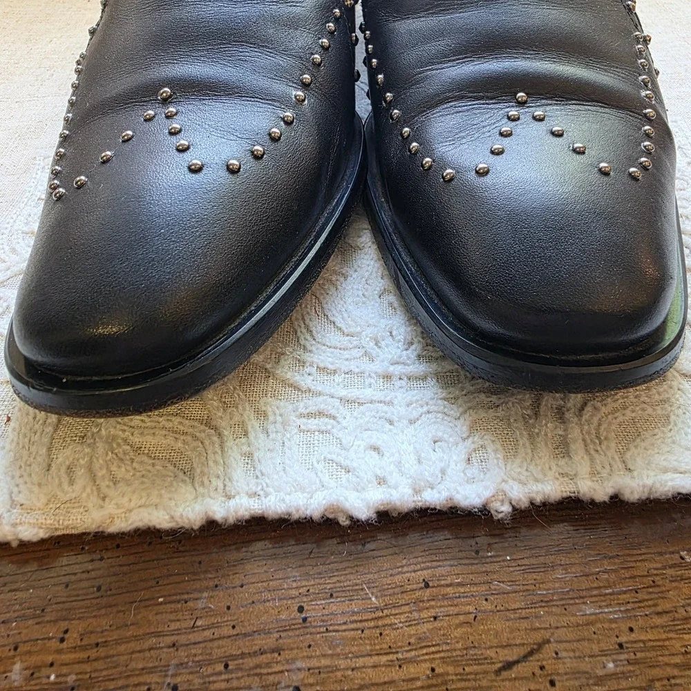 AllSaints Leather Studded Loafers 39 8.5 Black Silver Stud Slip On Shoe Portugal
